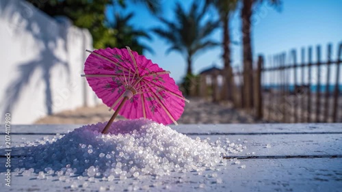 A Pink Umbrella Stands Out Against a Background of Palm Trees and Sandy Shore, Set Upon a Bed of White Granules Evoking a Tropical Paradise.