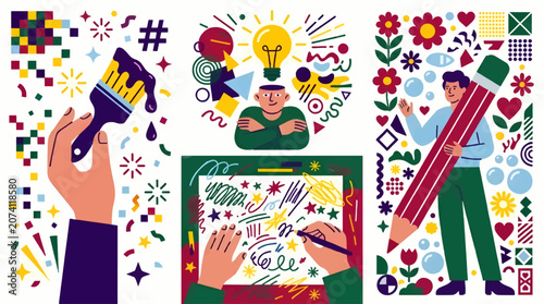 Schilderij op canvas Flat Vector Illustration of Creative Process: Hand with Paintbrush, Person with