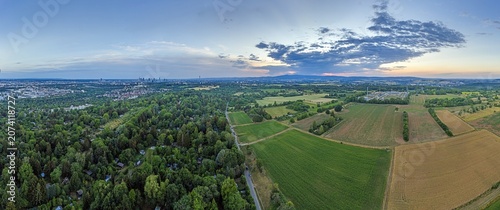 Frankfurt skyline and Taunus at sunset aerial panorama