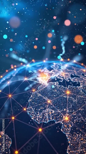Glowing digital network lines connect a futuristic globe