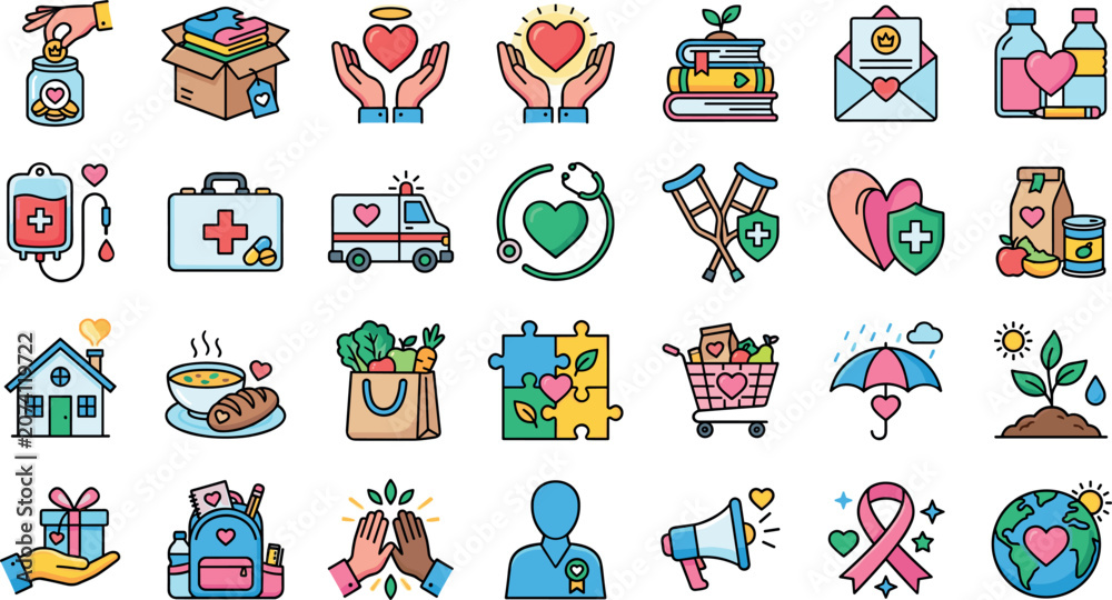 Fototapeta premium Charity and Community Donation Flat Color Icon Set with Medical Volunteering, Humanitarian Aid, and Social Support Symbols