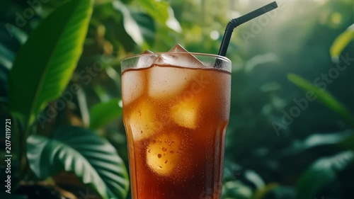 Cold Iced Tea Glass with Ice Cubes in Tropical Nature Background