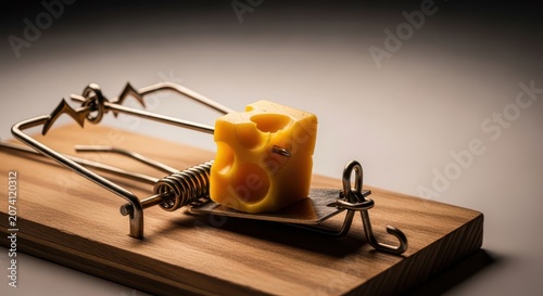 A menacing wooden snap trap is baited with delicious yellow cheese, ready to spring shut instantly and capture a destructive household rodent, bait, metal, sanitation