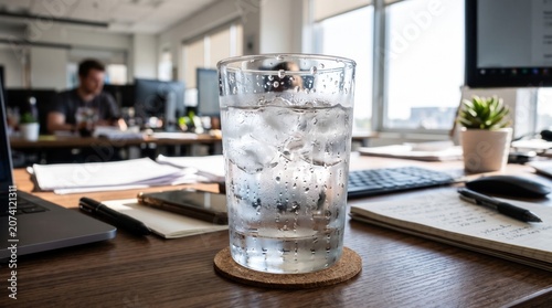 Refreshing ice water glass cooling down workspace during hot summer day