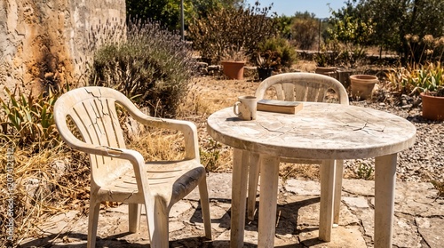 Faded and cracked plastic patio furniture left under intense summer sun