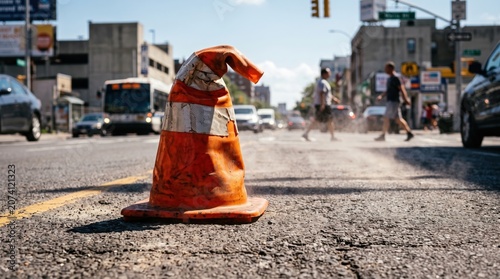 Heat distorted traffic cone on hot melting road surface with visible heat shimmer