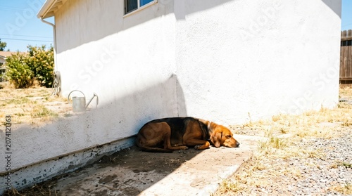 Dog resting in a small sliver of shade against a white wall during midday heat