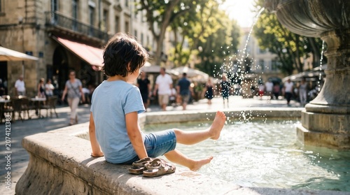 Anonymous child sitting on city fountain edge cooling feet in water during heatwave