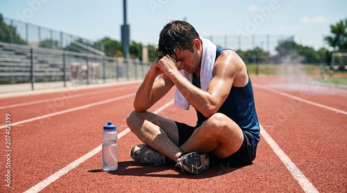 Athletic person resting on running track after intense workout during summer heatwave