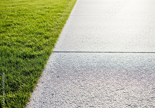 Rough concrete pavement forming a pedestrian path alongside a groomed grassy strip, highlighting urban infrastructure and community access routes, road, slab, residential