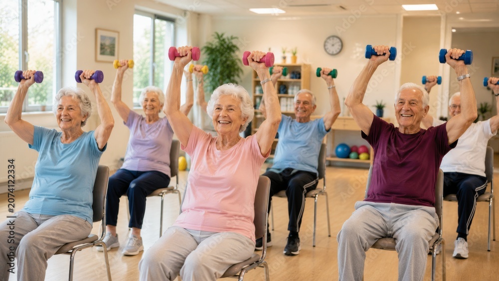 Fototapeta premium Active Senior Fitness Class with Resistance Bands and Stretching Exercises in Bright Wellness Studio