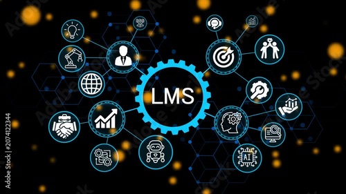 LMS, business concept. Modern business technology interface with gears and digital network icons. 4k animation video 