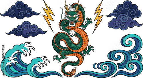 Fotografi Japanese Dragon Collection with Traditional Ryujin Clouds Ocean Waves and Lightn