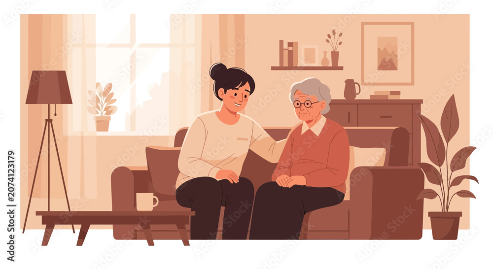 Fototapeta premium Elderly woman comforted by younger caregiver on sofa, indoor, warm tones, support concept