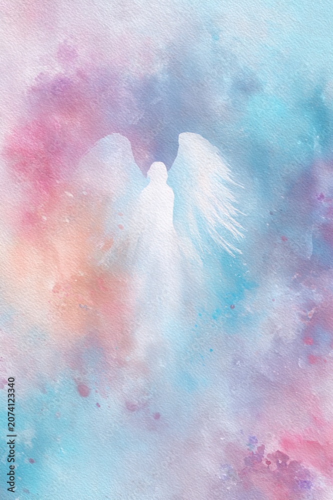 Naklejka premium Elegant watercolor vertical illustration of angel figure with soft wings on pastel tones, expressing peace, purity, divine presence. Suitable for posters, greeting cards, spiritual design projects