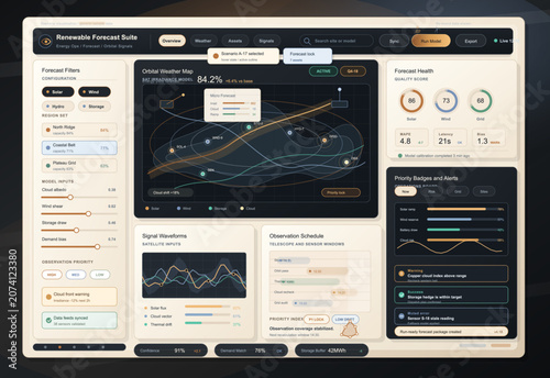 Fotografie Renewable energy forecast suite displays weather and energy data for efficient p
