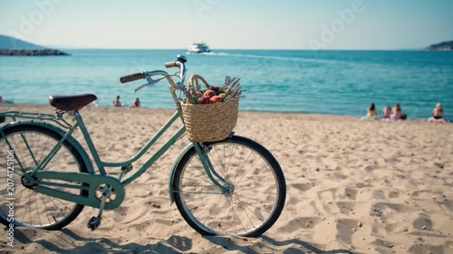 A serene beach scene featuring a vintage bicycle with a woven basket filled with peaches and lavender, set against a backdrop of calm waters and sandy shores.