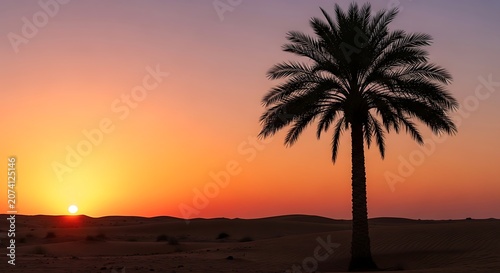 Sunset in the desert with palm tree silhouette