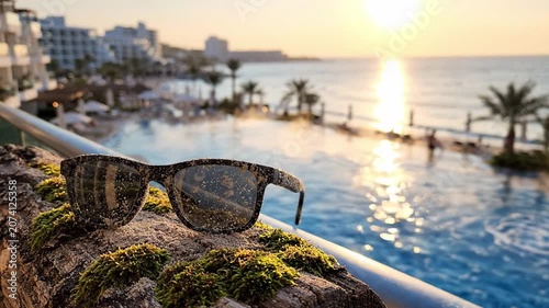 A Scenic Sunset View Featuring Stylish Sunglasses on a Mossy Log Overlooking a Beautiful Poolside with Palm Trees and Glimmering Ocean Waves