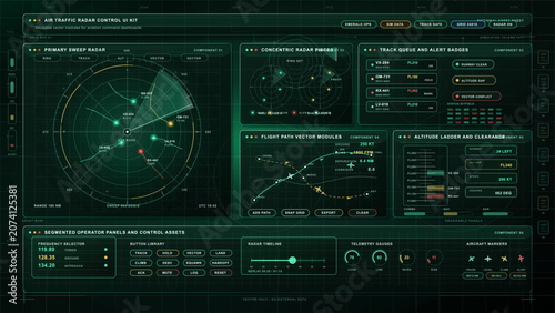 Konstfotografi Control screen shows air traffic radar with flight paths and alerts for aircraft