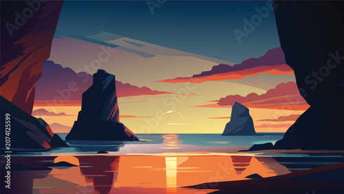 Serene sunset view across the ocean from a shadowy rock opening with landscape twilight reflection seascape illustration wallpaper outdoors background peaceful maritime formation distance