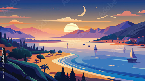 Idyllic coastal resort town at sunset with crescent moon landscape mountains crescent twilight vacation reflection maritime panoramic illustration wallpaper tranquil peaceful outdoors