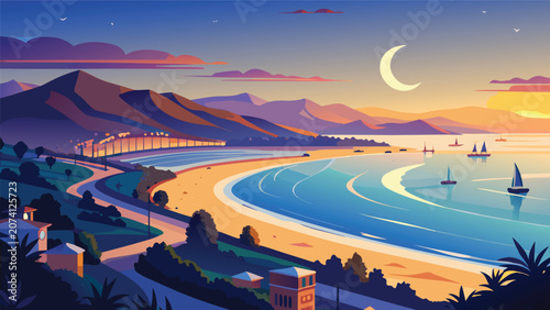Picturesque coastal bay at sunset with crescent moon landscape mountains crescent twilight vacation reflection maritime panoramic illustration wallpaper tranquil peaceful outdoors