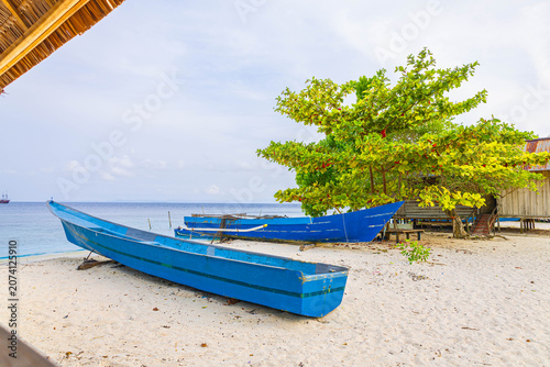 Photography The beach scene with boat under palm tree