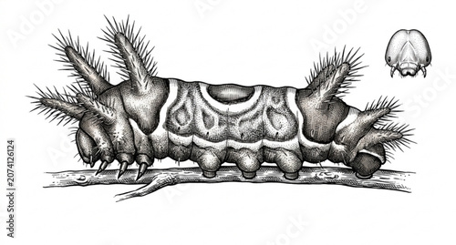 Schilderij op canvas Victorian style caterpillar scientific engraving isolated on white background