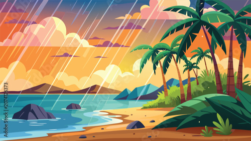 Tropical beach with palm trees and rain at sunset illustration tropical landscape paradise vacation beautiful tranquil peaceful illustration stylized environment picturesque coastline