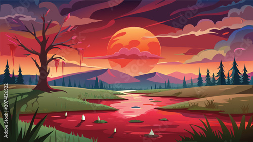 Dramatic red sun setting over bare tree and river in a stylized mountain landscape with landscape mountains dramatic environment reflection stylized illustration desolate wilderness tranquil