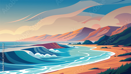 Stylized beach scene with crashing ocean waves and distant mountains coastline mountains landscape stylized illustration vacation tropical peaceful tranquil beautiful environment colorful