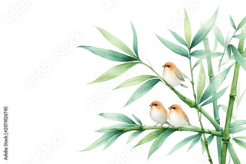 Soft watercolor artwork delicate bamboo plant with tiny birds in calm natural composition on white background. Ideal for stationery, posters, wellness visuals, eco themed creative projects