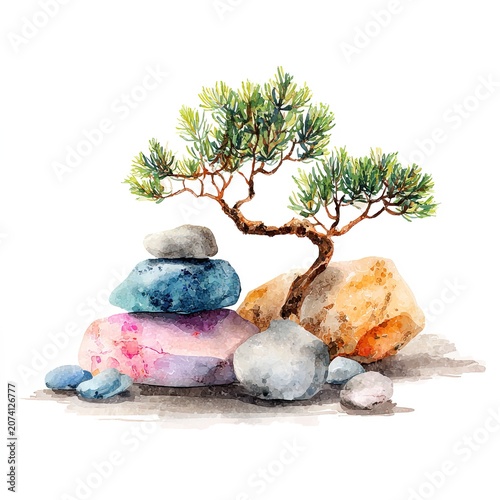 Elegant watercolor illustration of small bonsai tree with stones in soft tones on white isolated background. Perfect for storytelling visuals, branding, packaging, serene nature concepts