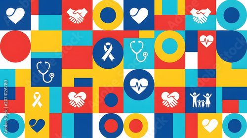Colorful Abstract Love and Relationship Pattern with Hearts and Symbols in Geometric Grid Design