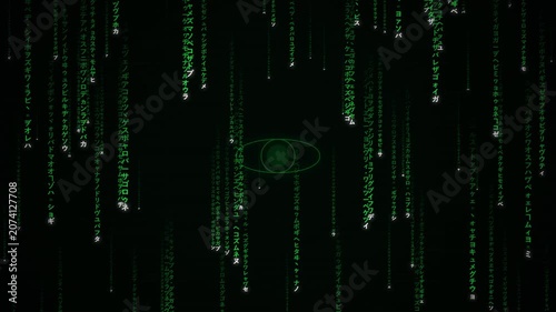 Digital data stream with abstract Japanese characters and glowing circle