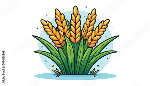 Golden wheat ears with green leaves.