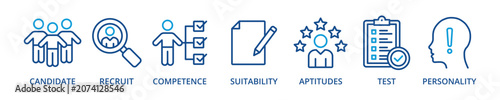 Assessment center outline color banner icon with candidate, recruit, competence, suitability, aptitudes, test, personality