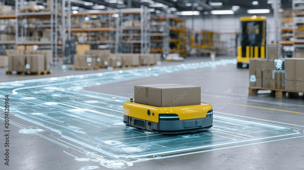 Fototapeta premium Robot traffic management system operates in a warehouse with glowing pathways guiding movement of delivery robots and safety controls.