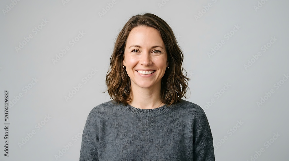 Obraz premium Studio headshot of a smiling young woman with wavy hair wearing a grey textured sweater, posing against a solid grey background