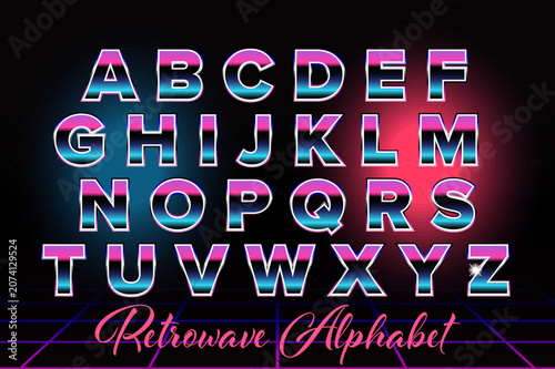 Retrowave Alphabet Vector Font with Neon Chrome 1980s Synthwave Letters