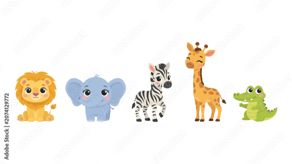 Fototapeta premium Cartoon group of five friendly animals standing together Vector