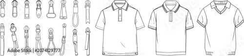 Foto Fashion technical sketch template vector set featuring men's polo shirts in vari