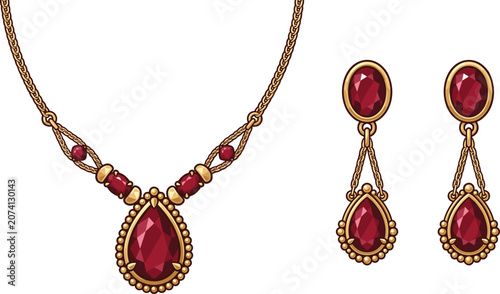 Quadro em tela Luxury Gold Jewelry Set with Teardrop Ruby Gemstone Necklace and Matching Earrin
