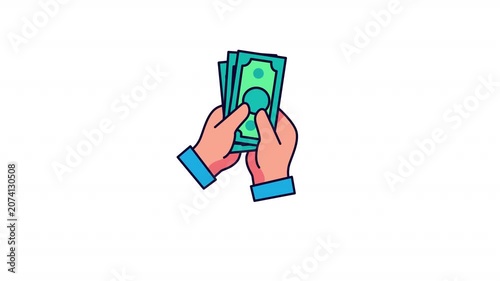 Animated hand counting cash with transparent background, flat vector style