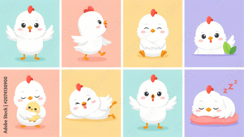 Obraz premium Six cute cartoon chicks or baby chicks with different colorful patterns and poses Vector