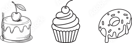 Minimalist line art sweets collection, hand drawn cupcake and donut vector set, 3 bakery dessert icons for coloring and menu design