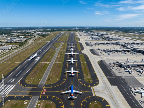 Canvastavla Aerial view of multiple airplanes parked on snowy airport runways and taxiways i