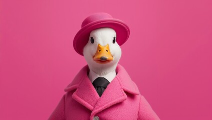 Duck wearing a pink coat and hat with a black tie against a bright pink background, showcasing a whimsical and playful fashion statement
