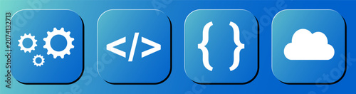 Set of Four Blue Rounded Square Icons Representing Software Development and Cloud Computing Concepts